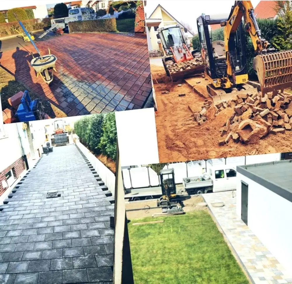 Collage mehrerer Baustellen: Klinkerpflaster, Minibagger beim Aushub, Pflasterweg am Haus und Rasenfläche, mit CH-Logo in der Mitte